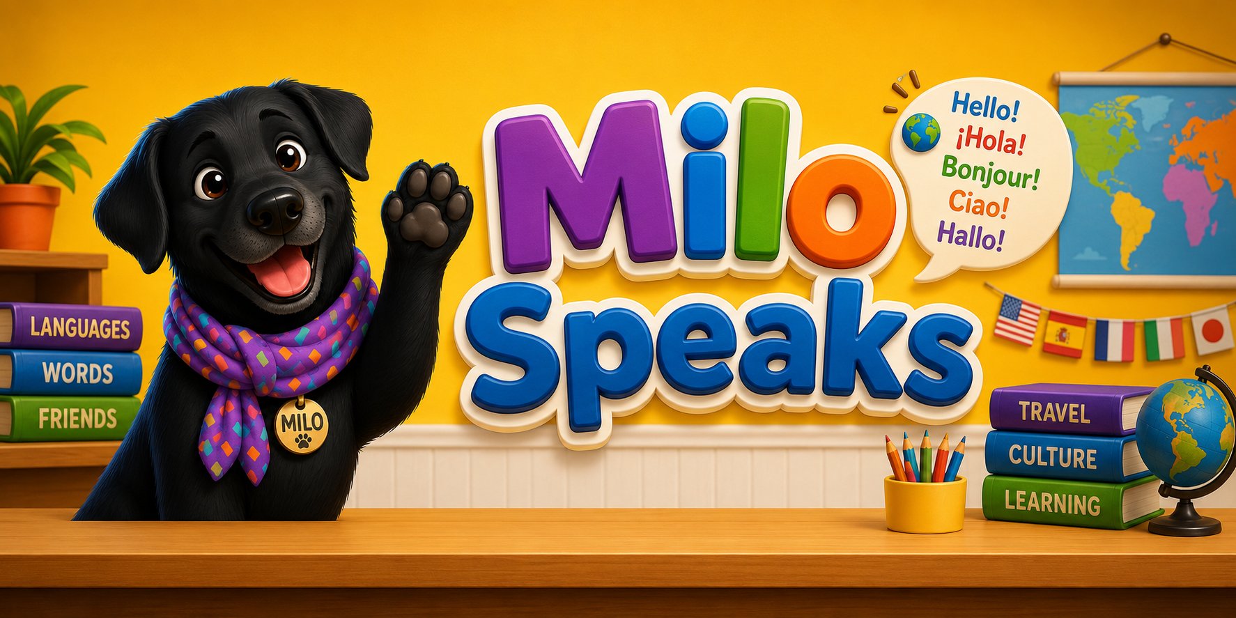Milo Speaks — free language learning apps with Milo the black lab