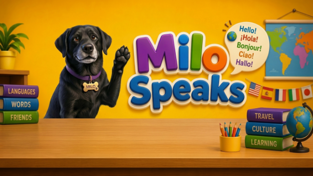 Milo Speaks — free language learning apps with Milo the black lab